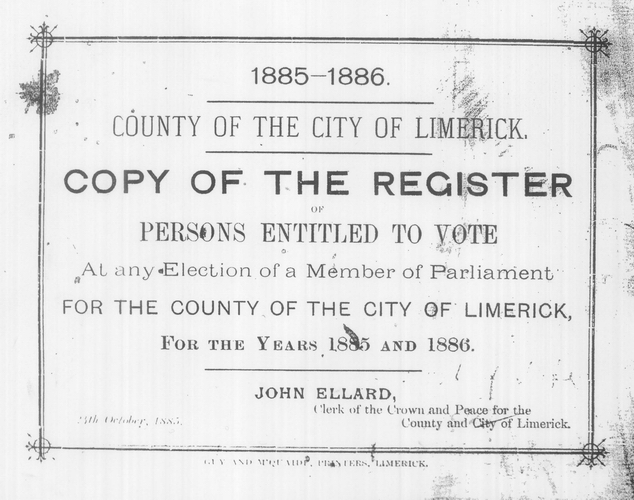 1885 Register of Electors, Limerick, title page